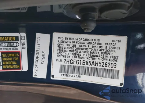 2010 Honda Civic Ex z USA, uszkodzony, nr VIN 2HGFG1B85AH526203